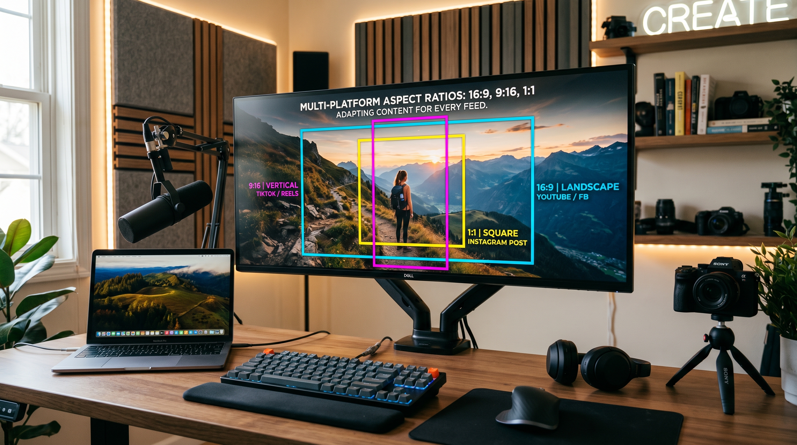 Ein moderner Schreibtisch eines Content-Erstellers mit einem großen Computermonitor. Der Bi