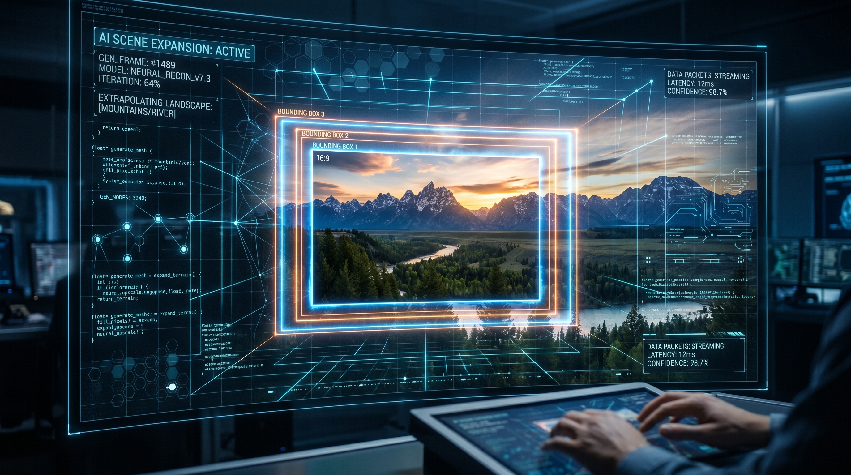 Eine futuristische digitale Benutzeroberfläche, die einen leuchtenden Begrenzungsrahmen zeigt, der sich nach außen erweitert 