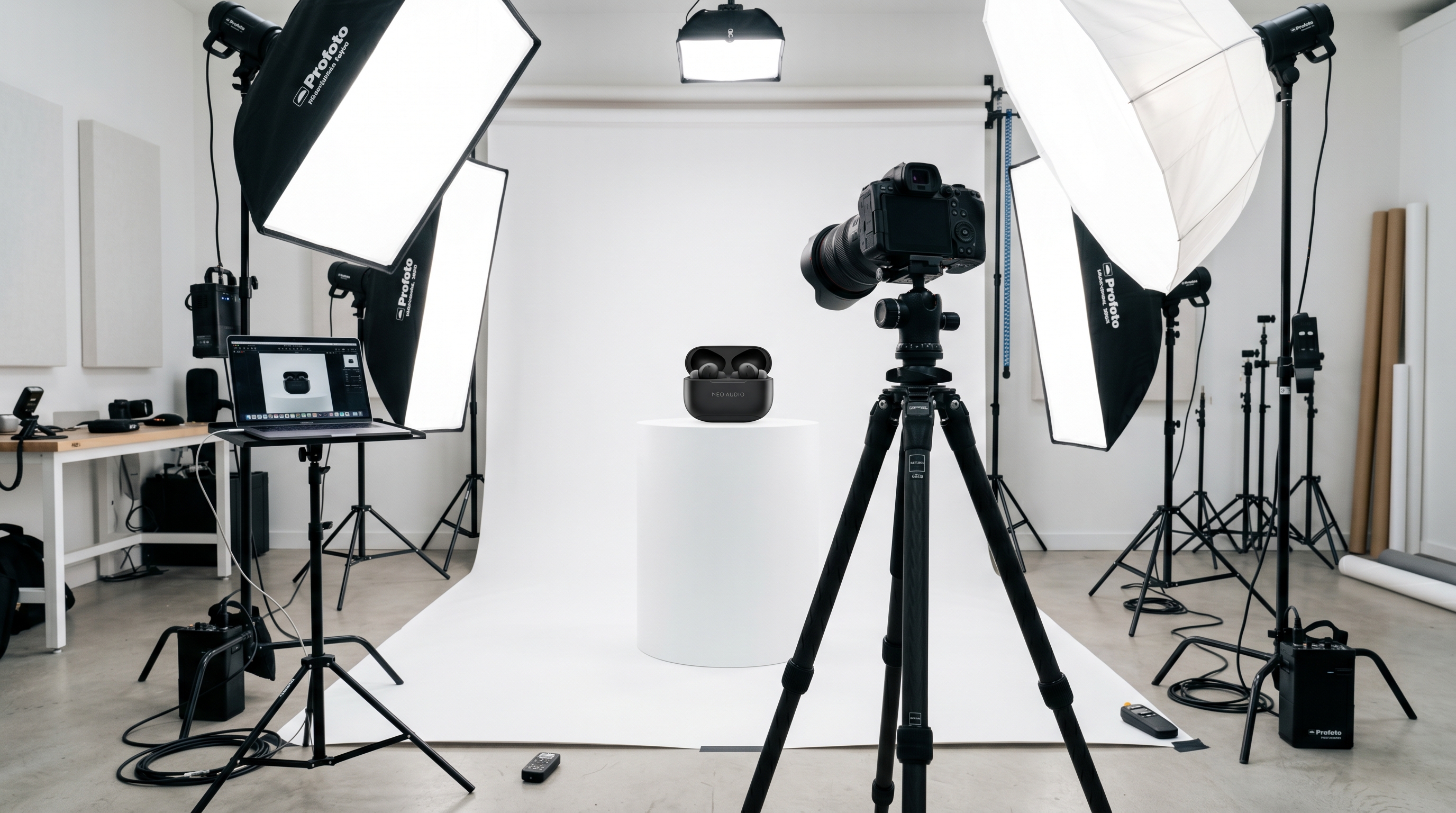 Una configuración moderna de estudio de fotografía de comercio electrónico con iluminación brillante de caja de luz, un pro