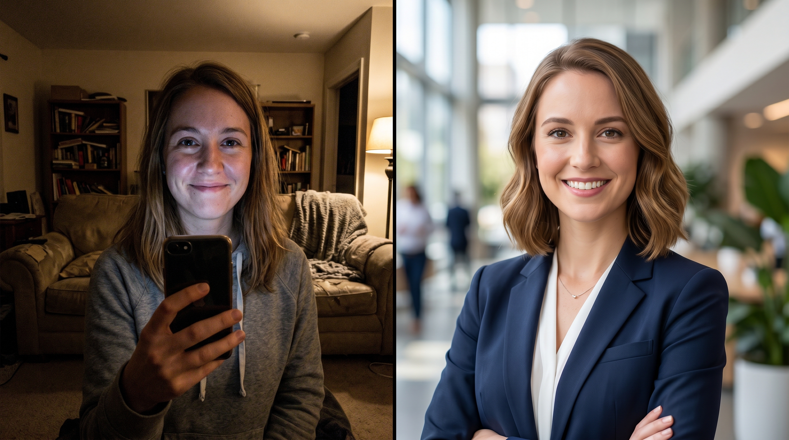 A split-screen image. On the left, a casual, poorly lit smartphone selfie of a p