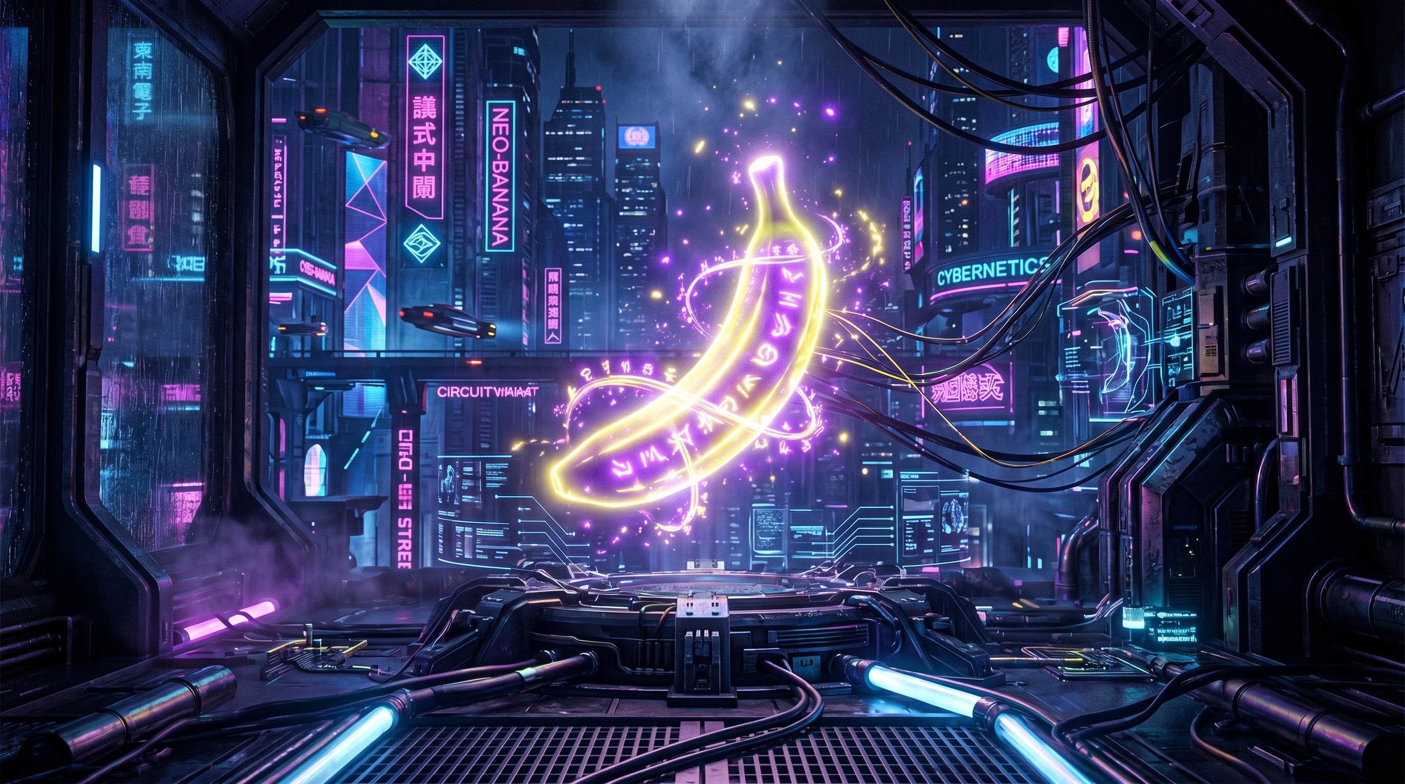 Una magica banana luminosa che fluttua in un ambiente cibernetico high-tech, neon p