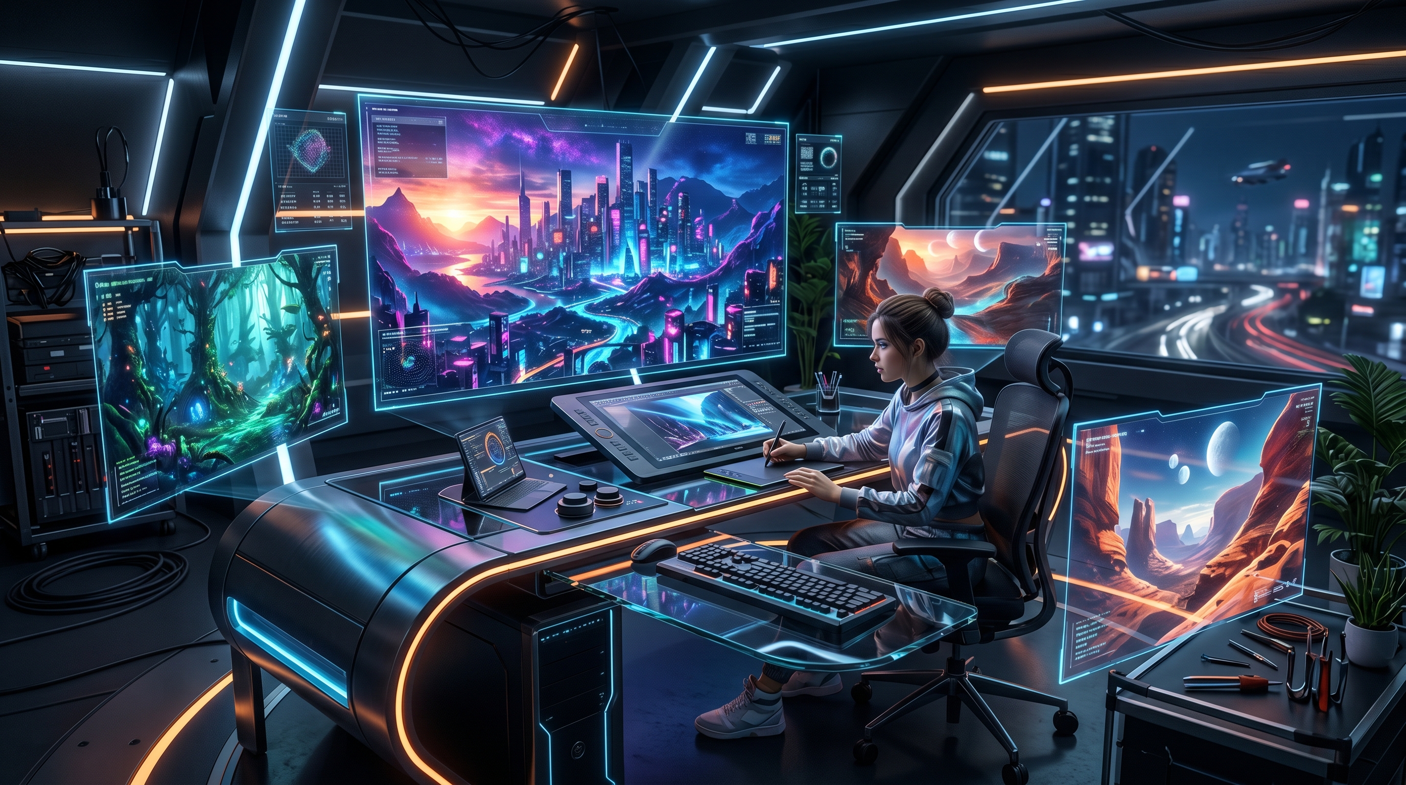 Un futuristico studio d'arte digitale con schermi olografici luminosi che mostrano vibr