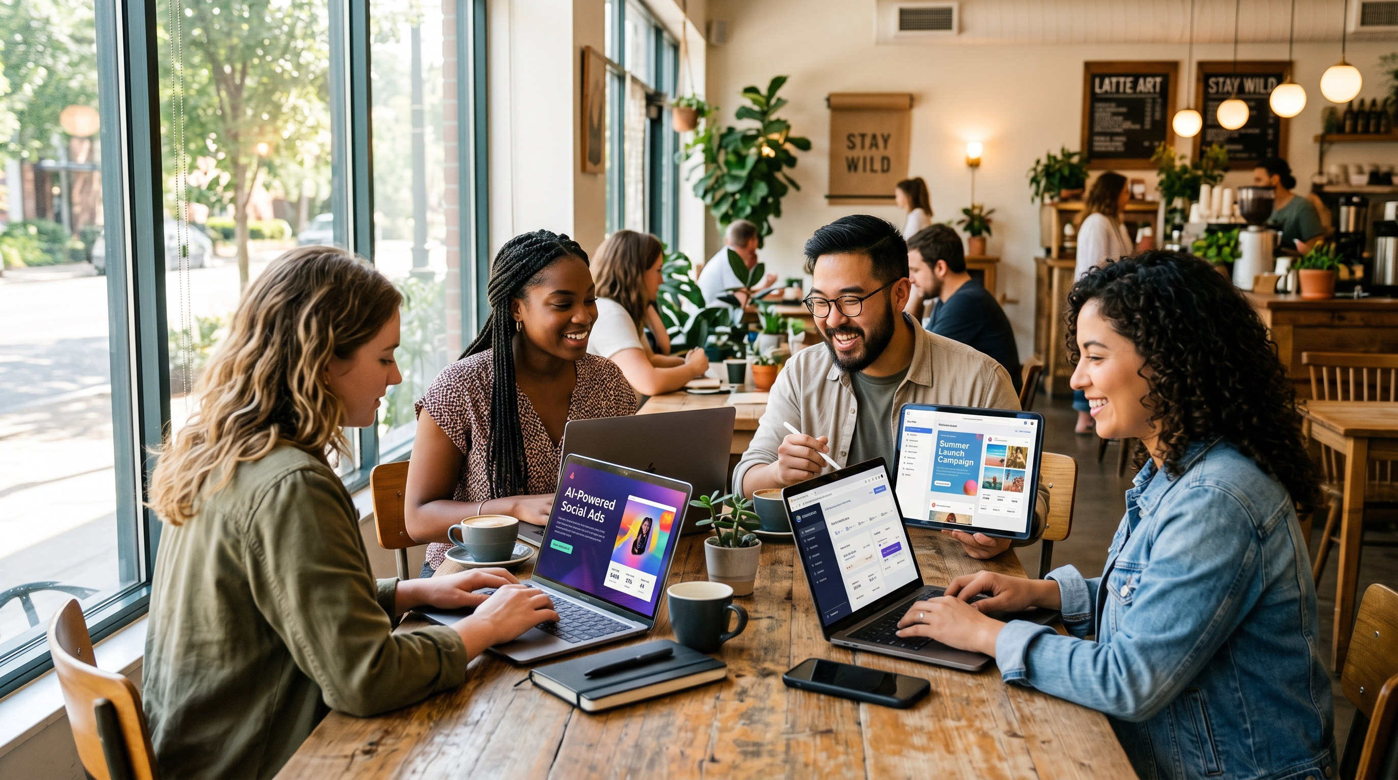 A diverse group of modern digital creators and marketers working enthusiasticall