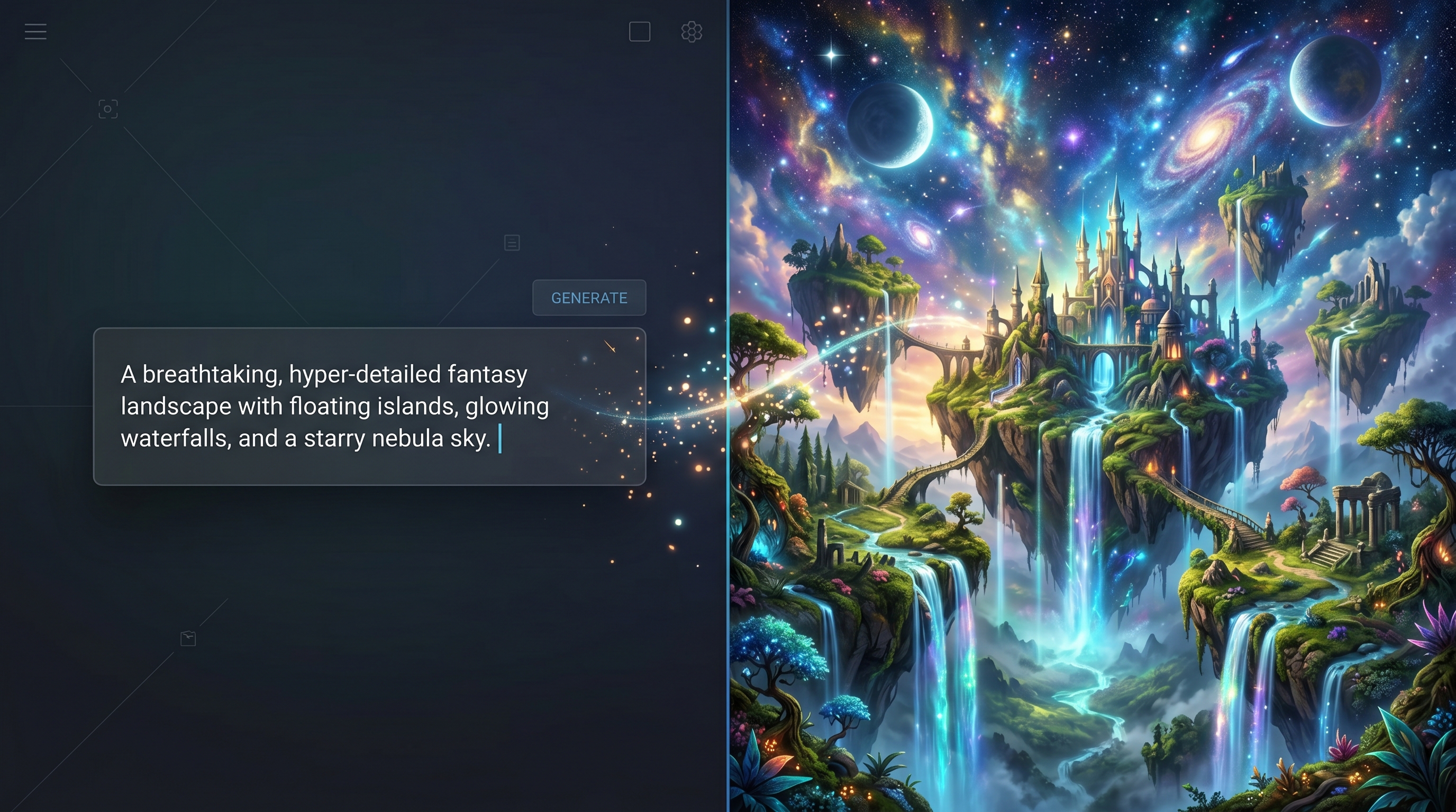 A split-screen visual showing a blank text prompt box on the left transforming i