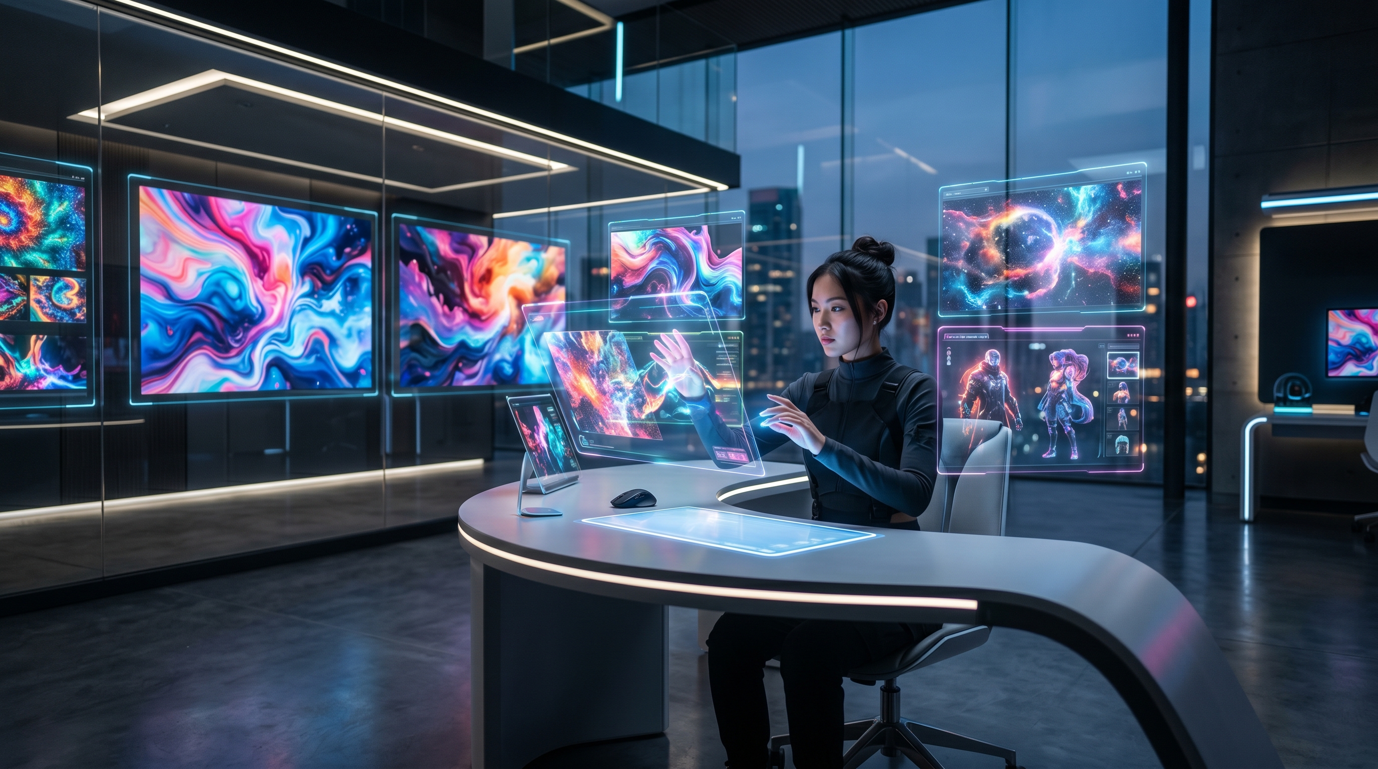 A futuristic digital art studio with glowing holographic screens displaying vibr